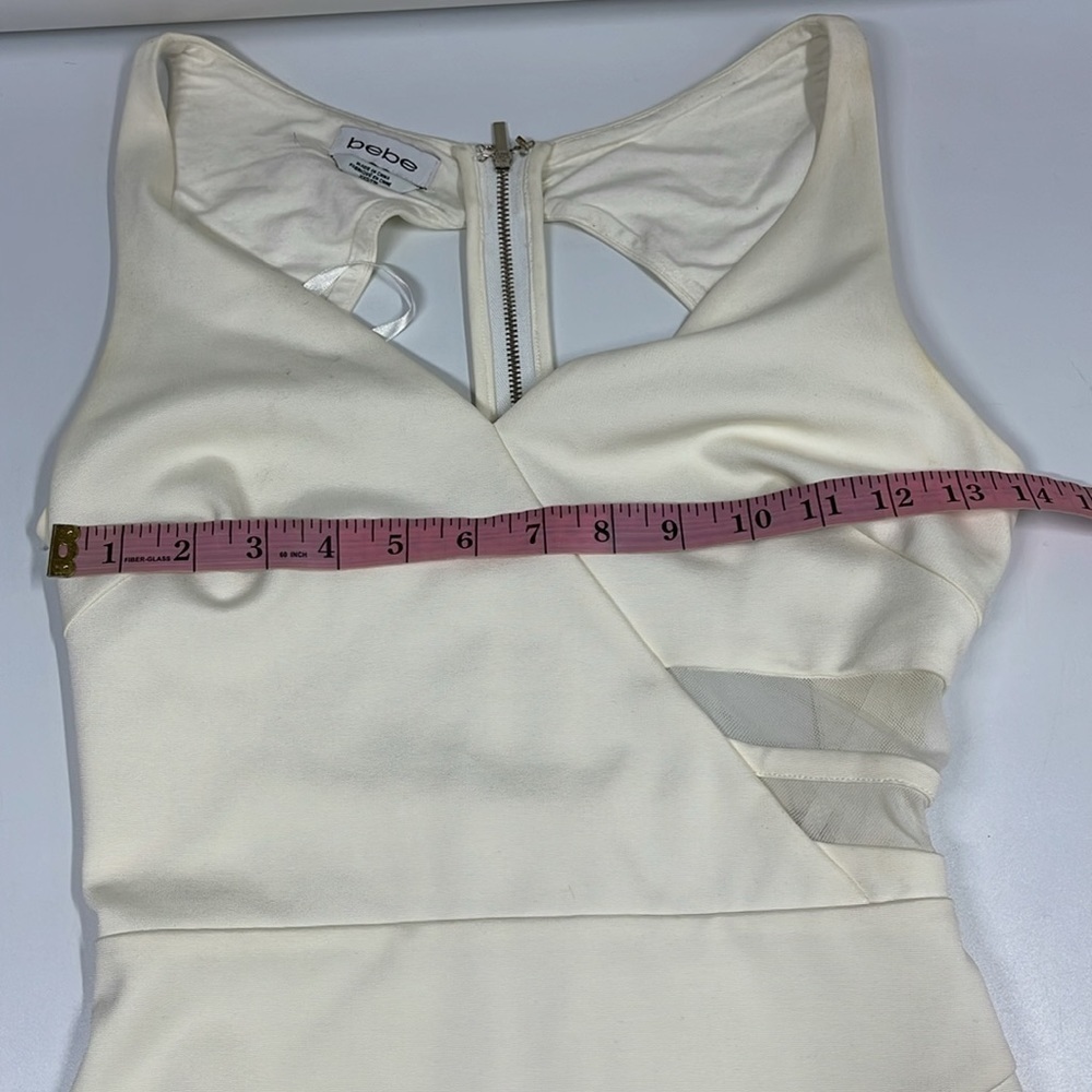 Bebe V-Neck Sleeveless Sheer Mesh Panels Ivory Fitted Dress Open Back Size XXS - Picture 9 of 12